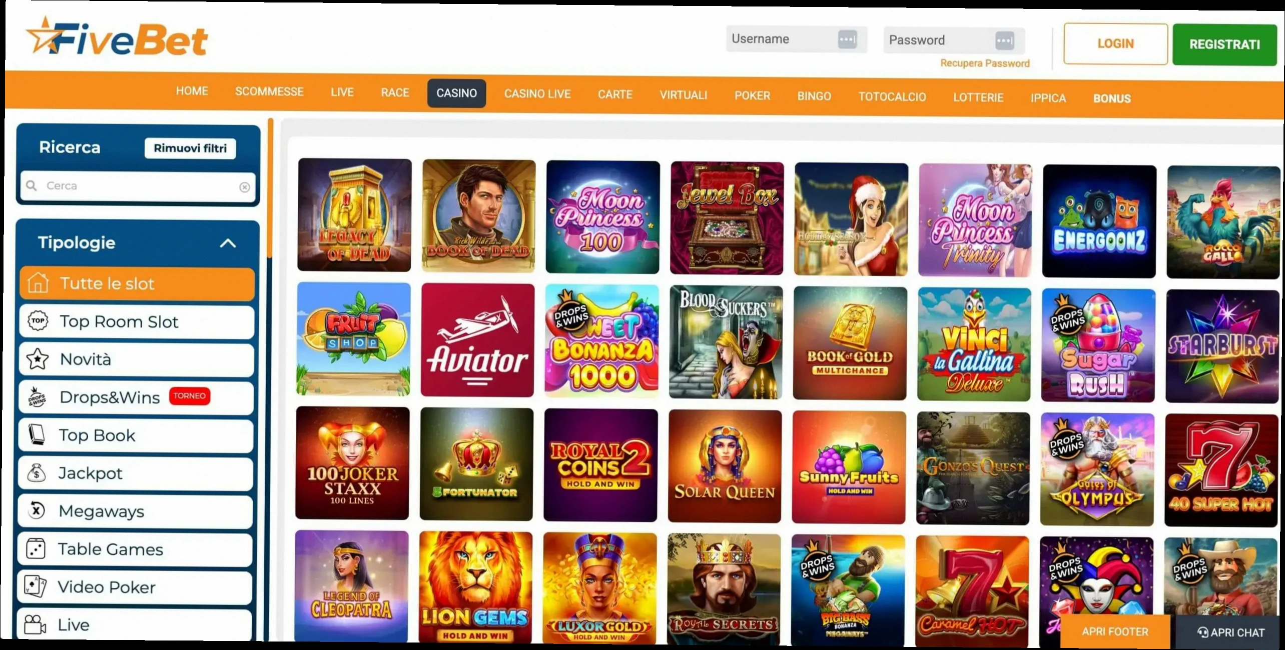 Fivebet Casino Online - Fino a €500 + 100 Giri Gratuiti